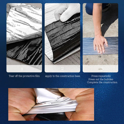Step-by-step application of Heavy Duty Self Adhesive Flashing Tape Waterproof Roof Patch with Aluminum Foil Backing.