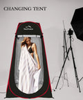 Pop Up Shower Tent For Outdoor Privacy, Tool Free Setup In A Snap, 47.2W x 74.8H Changing Tent with model using tent