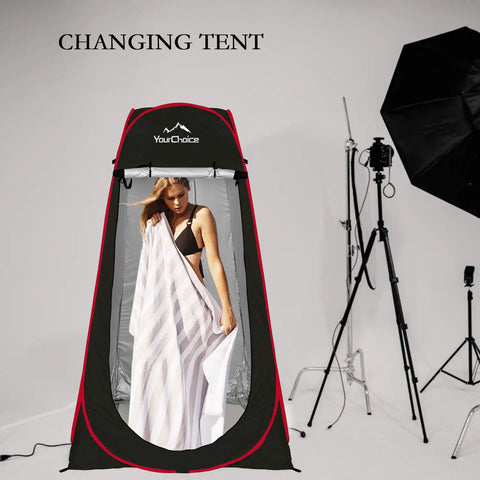 Pop Up Shower Tent For Outdoor Privacy, Tool Free Setup In A Snap, 47.2W x 74.8H Changing Tent with model using tent