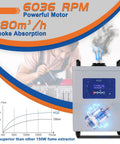 150W Solder Fume Extractor With 280 Cubic Meters Per Hour Air Flow, LED Display, Brushless Motor, illustration and specs