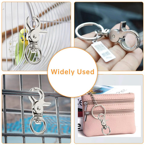 Thirty Piece Kickass Heavy Duty Trigger Snap Hooks With Swivel Action Zinc Alloy Build attached to a bird cage and keychain