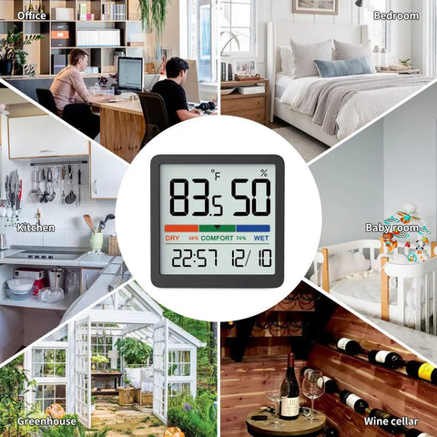 Indoor Humidity Gauge With Digital Thermometer Fast Read Hygrometer And Temperature Humidity Monitor placed in various rooms.