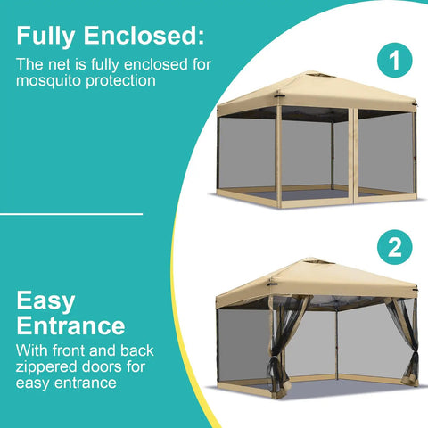 Replacement Mosquito Netting For 10x10 Pop Up Canopy Gazebo Mesh Sidewalls For Patio Backyard Camping And Outdoor Use Net Only Frame Not Included Beige showing a fully enclosed net and draped entryways.