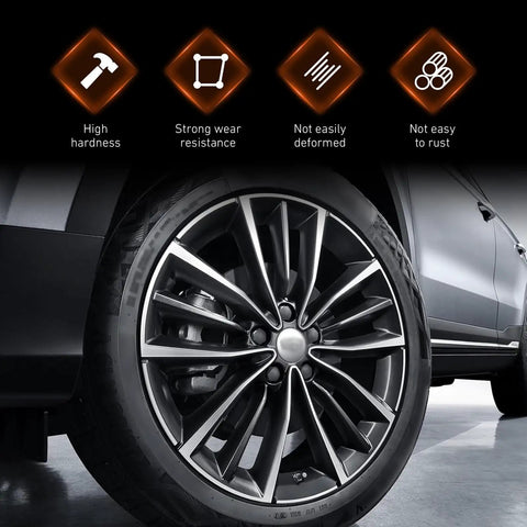 Close-up of car wheel with Large 6 Spline Lug Nut Socket Locking Tool For Wheel Lock Removal, heavy-duty black socket exterior.