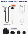 No Strings Attached Cordless Fuel Transfer Pump With Auto Stop For Gas Cans And Oil Jugs, includes pump, adapters, and manual.