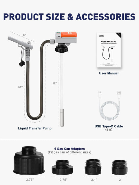 No Strings Attached Cordless Fuel Transfer Pump With Auto Stop For Gas Cans And Oil Jugs, includes pump, adapters, and manual.