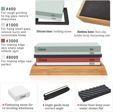 Diagram of All In One Knife Sharpening Kit With Dual Grit Wet Stone System 400 1000 And 3000 8000 Flattening Stone Angle Guide Non Slip Bamboo Base Safely Sharpen Kitchen And Pocket Knives Like A Pro, showing stone grits and components.