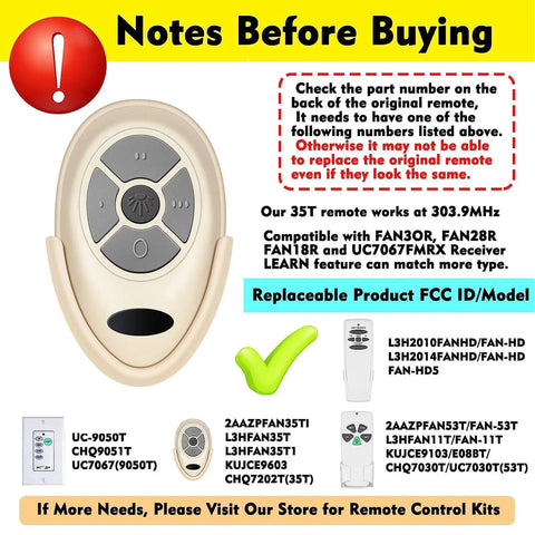 Ceiling Fan Remote Transmitter Replacement For Harbor Breeze Models Including FAN 35T 53T KUJCE9103 Learn Key with compatibility guide