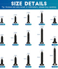 Size details of 450 Piece Mini Screw Kit with Phillips flat head self tapping screws, M2.3 M2.6 M3, black finish for DIY electronics.