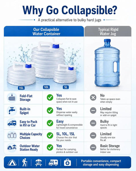 Comparison chart of collapsible water container with spigot for camping and travel versus typical rigid water jug.