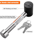Stainless 5/8 Inch Hitch Receiver Lock Pin for Class III and IV 2-1/2 Inch Hitches shows lock head and keys