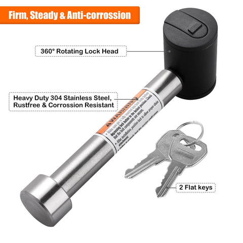 Stainless 5/8 Inch Hitch Receiver Lock Pin for Class III and IV 2-1/2 Inch Hitches shows lock head and keys