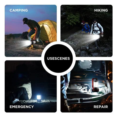Rechargeable Handheld Spotlight 12000 Lumen LED Flashlight With 10000mAh Battery shown in camping, hiking, emergency, and repair scenes