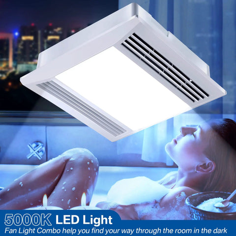 Whisper Quiet Bathroom Exhaust Fan With 15W LED Light, 110 CFM Ventilation, shown lit in a bathroom setting