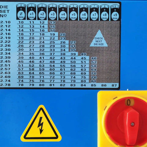 Heavy Duty Vertical Electric Hydraulic Hose Crimping Machine With Rock Solid Alloy Steel Dies And Pro Grade Three Phase Motor For Industrial Rubber Fitting Work A Smooth Operator Design - Settings and safety warning panel.