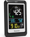 Black CO2 Monitor With Voice Alerts, Indoor Air Quality Meter, Large Display CO2 Tester showing 425 PPM, temperature, and humidity.