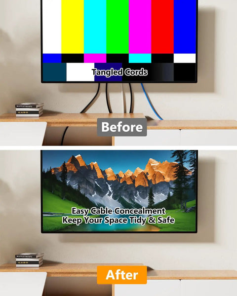 Wall Mounted TV Cable Concealer Kit With Recessed Power Hub, Two Outlets, USB A Port And USB C Port, Before and After Setup
