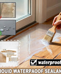 Applying Top Shelf Transparent Waterproof Sealant And Coating For Roofs Floors Windows on wooden floor with brush.