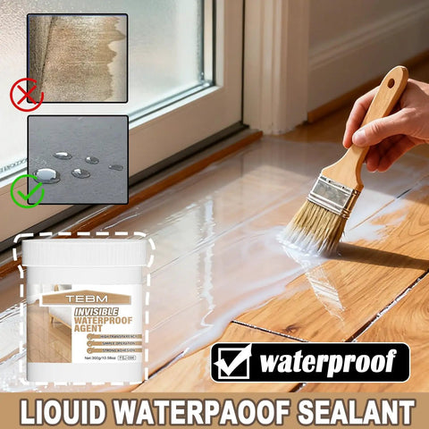 Applying Top Shelf Transparent Waterproof Sealant And Coating For Roofs Floors Windows on wooden floor with brush.