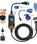 No Sweat Portable Ev Charger Type 2 32A 7KW with smart control, showing connection cables, display, and adapters.