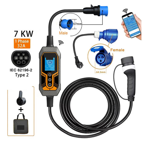 No Sweat Portable Ev Charger Type 2 32A 7KW with smart control, showing connection cables, display, and adapters.