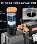 Oil filling and exhaust ports of the No Sweat 5 CFM Two Stage HVAC Vacuum Pump Half Hp Copper Motor with built-in filters.
