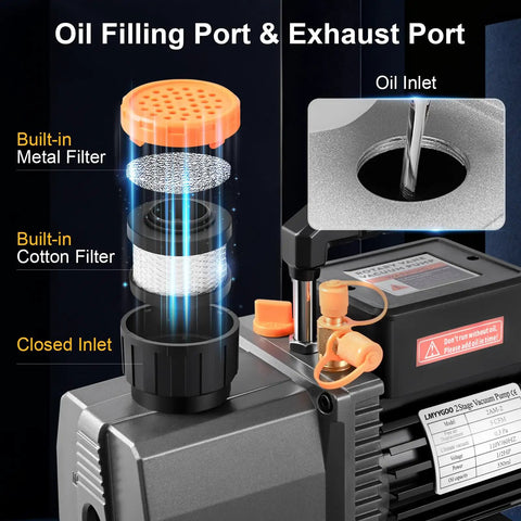 Oil filling and exhaust ports of the No Sweat 5 CFM Two Stage HVAC Vacuum Pump Half Hp Copper Motor with built-in filters.