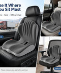 Road Ready Memory Foam Seat Cushion For Tesla Cybertruck And Pickup Trucks With Ergonomic Lumbar Support Beat Back Fatigue Cruiser Booster Pad For Long Haul Trips And Office Desks Black displayed in truck, SUV, and office chair.