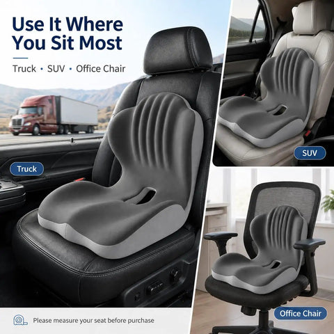 Road Ready Memory Foam Seat Cushion For Tesla Cybertruck And Pickup Trucks With Ergonomic Lumbar Support Beat Back Fatigue Cruiser Booster Pad For Long Haul Trips And Office Desks Black displayed in truck, SUV, and office chair.