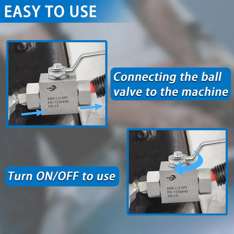 Beefy High Pressure Hydraulic Ball Valve 1/2 Inch, 7250 PSI, 500 Bar, installed and connecting to machinery with instructions.