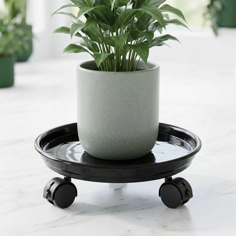 Three Piece Plant Dolly Set Heavy Duty Resin Base Smooth Rolling Universal Wheels With Secure Brake Locks, black plant caddy under pot.