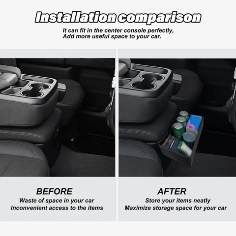 Installation comparison of Center Console Hanging Organizer Box For Chevy Silverado GMC Sierra with split bench seats.