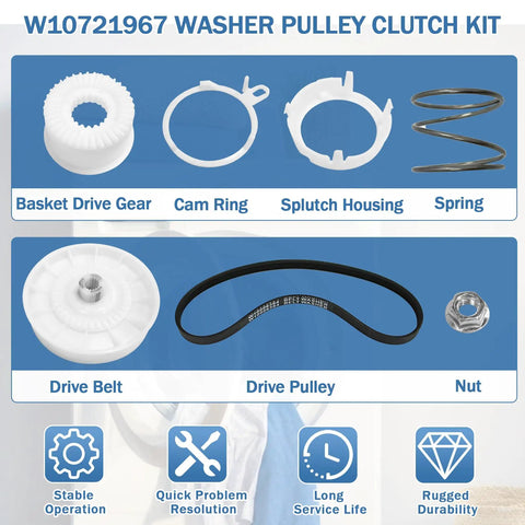 Beefed Up Washer Shift Actuator Kit With Pulley Clutch Assembly And Drive Belt components displayed with labels
