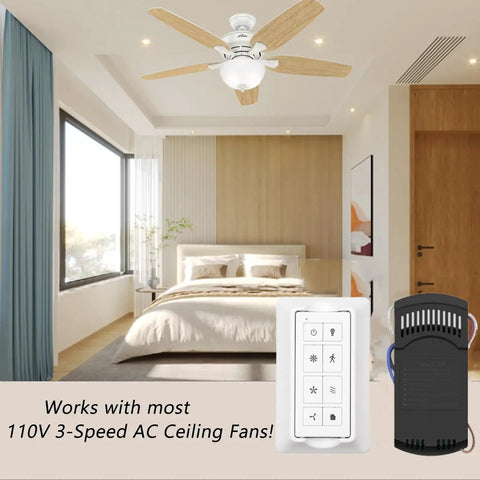 Smart WiFi Ceiling Fan Remote Kit With Light Dimmer And 3 Speed Settings, Nature Breeze And Walk Away Delay in bedroom setup