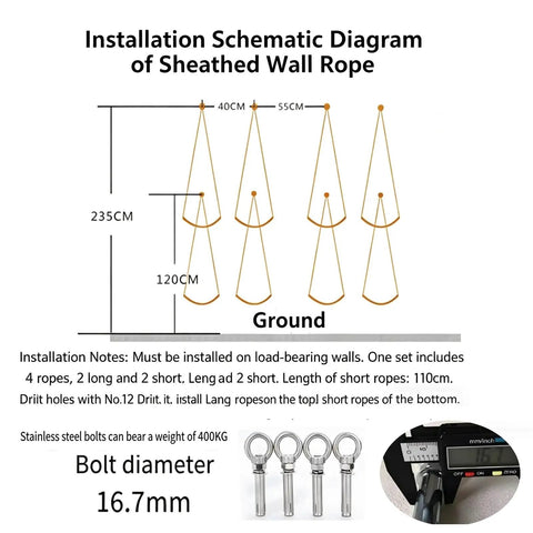 Wall Mounted Yoga Rope Kit For Deep Stretching And Spinal Mobility Posture Support Back Shoulder Hip Tension Relief Home Or Studio Practice Easy Setup Pro Grade Durable Anchor System installation diagram with 4 ropes, 110cm short ropes, 400kg bolts