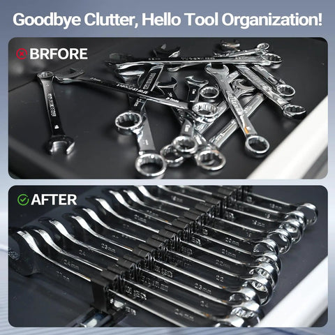 Heavy Duty Magnetic Wrench And Screwdriver Organizer For Workshop And Garage with before and after tool arrangement