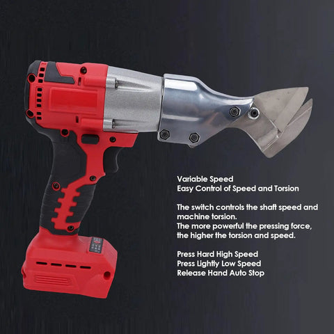 Powerful Cordless Metal Shears With 360 Degree Pivoting Head Variable Speed Electric Cutter close-up view of the cutter controls and blades.