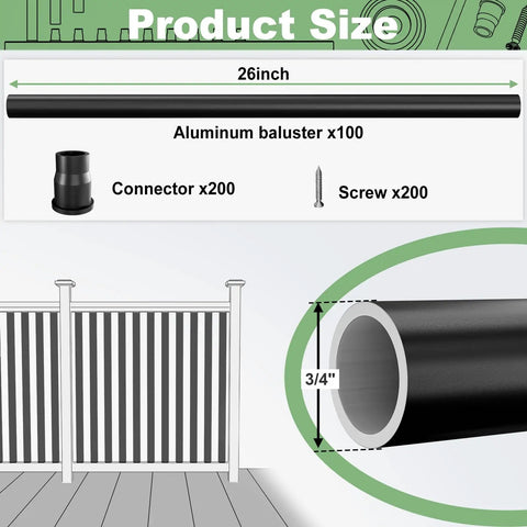 Top Shelf 100 Pack 26 Inch Black Aluminum Deck Balusters Built Like A Brick With Zero Fuss Powder Coat, connectors and screws.