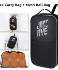 All In One Pickleball Gear Kit bag with mesh ball bag, carrying orange and yellow balls, shown in different views
