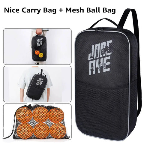 All In One Pickleball Gear Kit bag with mesh ball bag, carrying orange and yellow balls, shown in different views