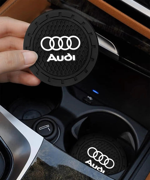 Audi Slick Silicone Cup Holder Coaster Set With Crystal Rhinestones for car interior, shown in a console, durable 2.76 inch design