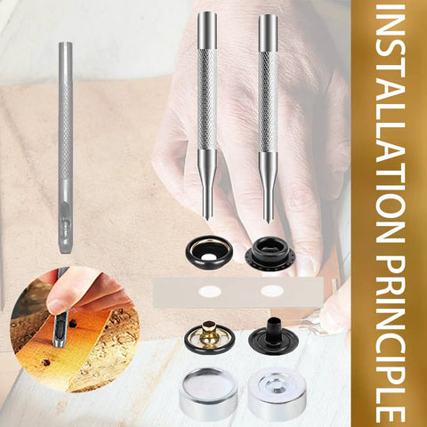 Installation tools for Heavy Duty Snap Fasteners Kit 15mm 320 Pieces 80 Sets 4 Colors Stainless Steel Snaps in use on leather.