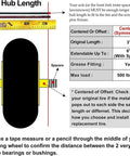 Diagram showing hub length and specifications for Two Knobby 15 Inch Flat Free Wheelbarrow Tires On Steel Rims, including grease fitting.