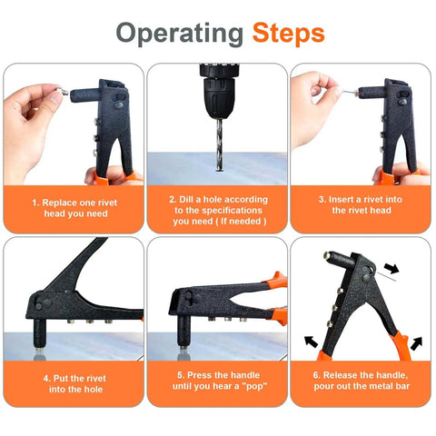 Operating steps for Manual Pop Rivet Gun Kit With 4 Replaceable Nosepieces And 200 Rivets Ergonomic Handle For Automotive Furniture DIY