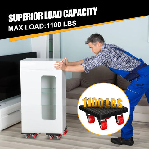 Heavy Duty Furniture Movers Dolly With Anti Slip Deck And 360 Degree Swivel Wheels For Safe Effortless Moving Of Appliances Sofas Mattresses And Other Heavy Objects Up To 1100 Lbs Includes Durable Furniture Lifter And Sliding Sliders Kit showing man moving a cabinet