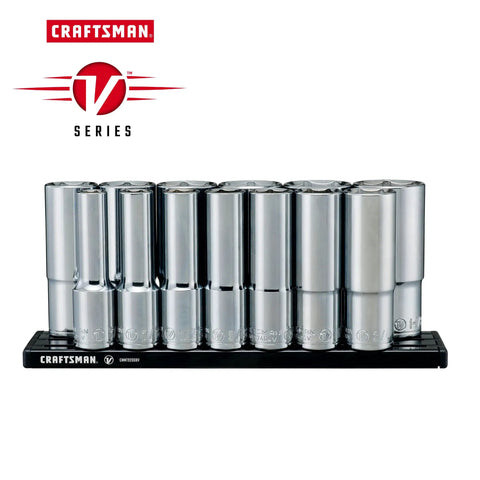 V-Series Deep SAE Socket Set One-Half Inch Drive, Thirteen-Piece with Magnetic Rail, Anti-Slip Grooves for Heavy Lubricants, High Torque Secure Grip, Compact, Durable Tool Kit for Auto Garage and DIY Projects