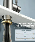 Kitchen Faucets with Pull Down Sprayer, Brushed Nickel showing pre-installed hoses beneath the sink for easy installation.