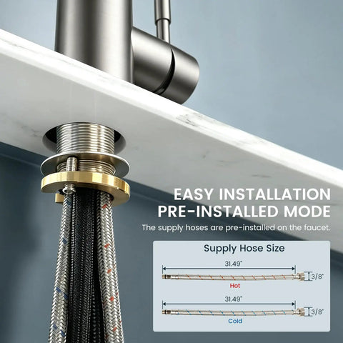 Kitchen Faucets with Pull Down Sprayer, Brushed Nickel showing pre-installed hoses beneath the sink for easy installation.