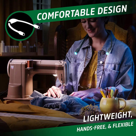 Person using Rechargeable Neck Light With USB Charging, Flexible Hands Free LED Reading Lamp, sewing clothes at night.