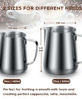 Two sizes of Milk Frothing Pitcher 16oz 480ml Stainless Steel Steaming Cup With Latte Art Pen For Frothing Milk for lattes.